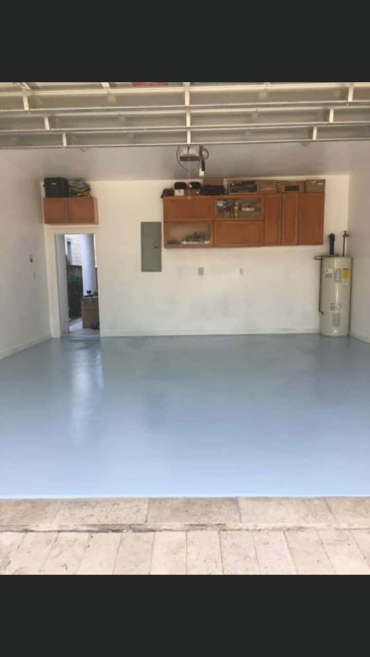 Finished garage floor coating in a soft grey-blue. — garage floor coating, finished floor coating, epoxy floor finish