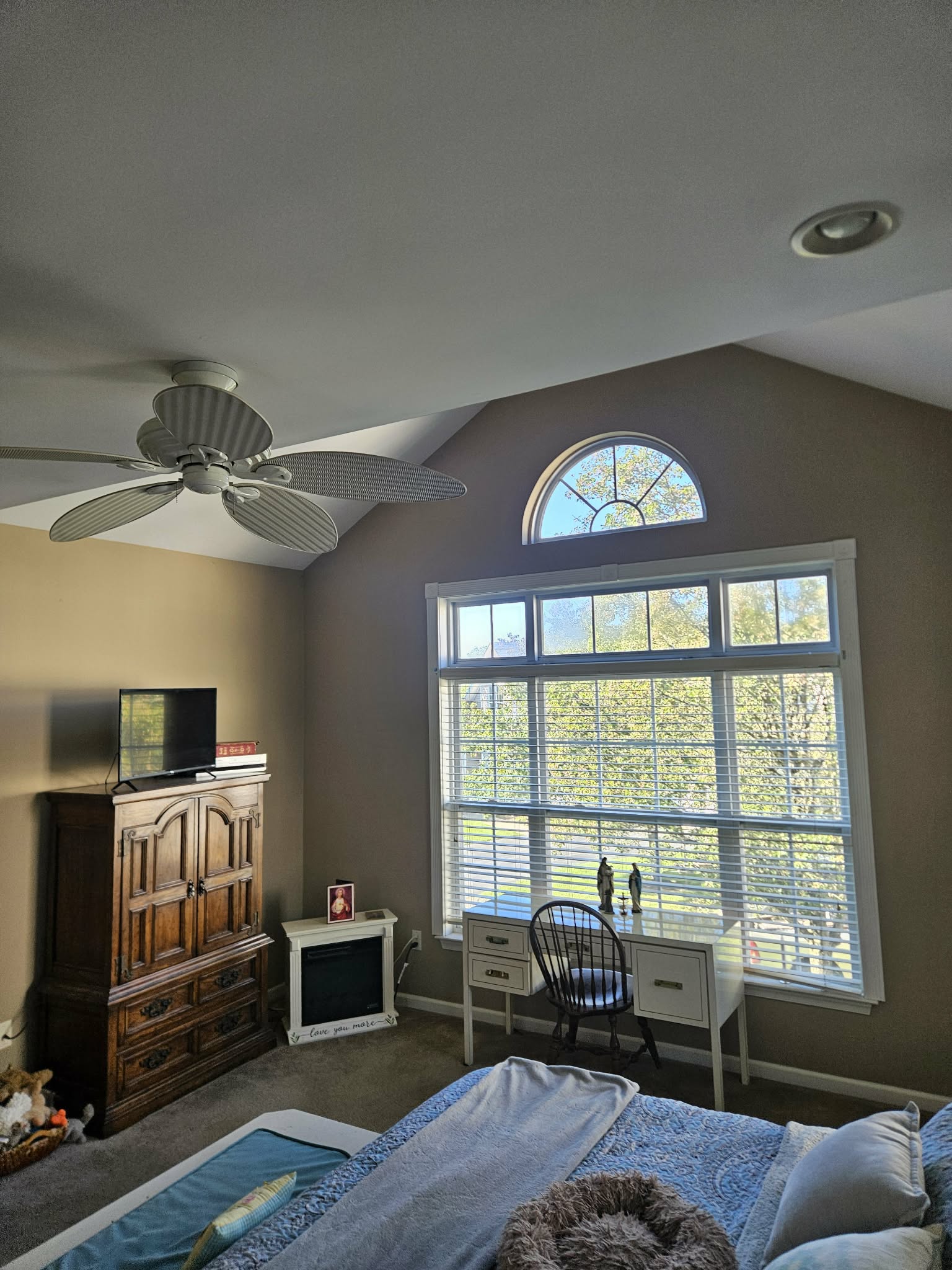 Primary bedroom repaint — vaulted ceiling and custom trim — bedroom painting, vaulted ceiling, interior painting Easton PA, Randy's Painting & Drywall Services, Lehigh Valley painters, Bucks County house painters, bedroom repaint near me